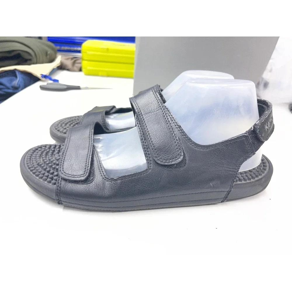 Kenkoh Massage Sandals Mens 11 Black Leather Reflexology Strappy Slides 2312